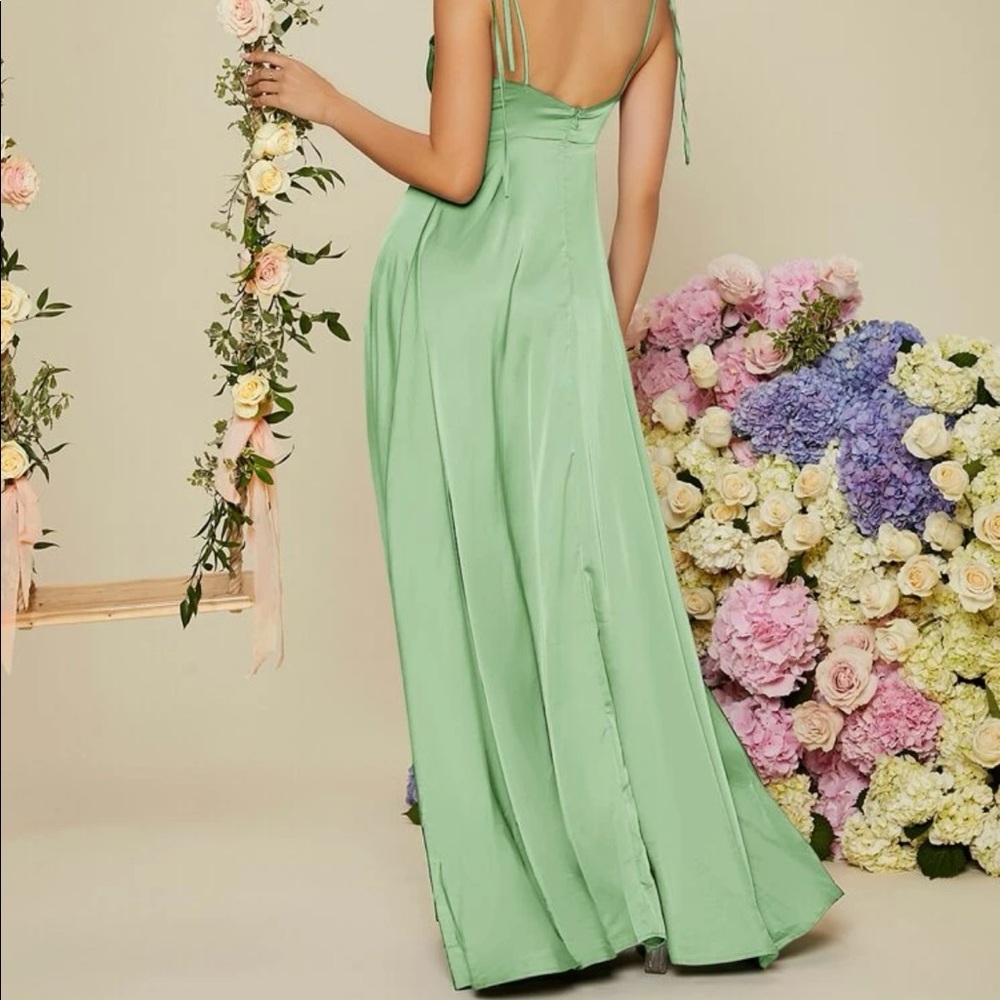 Luxurious tie shoulder wrap satin formal prom wedding evening party maxi dress - Picture 4 of 10